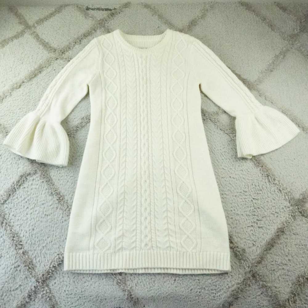 Eliza J Knit Sweater Dress Womens Large White Bell Sleeve Nordic Scandinavian